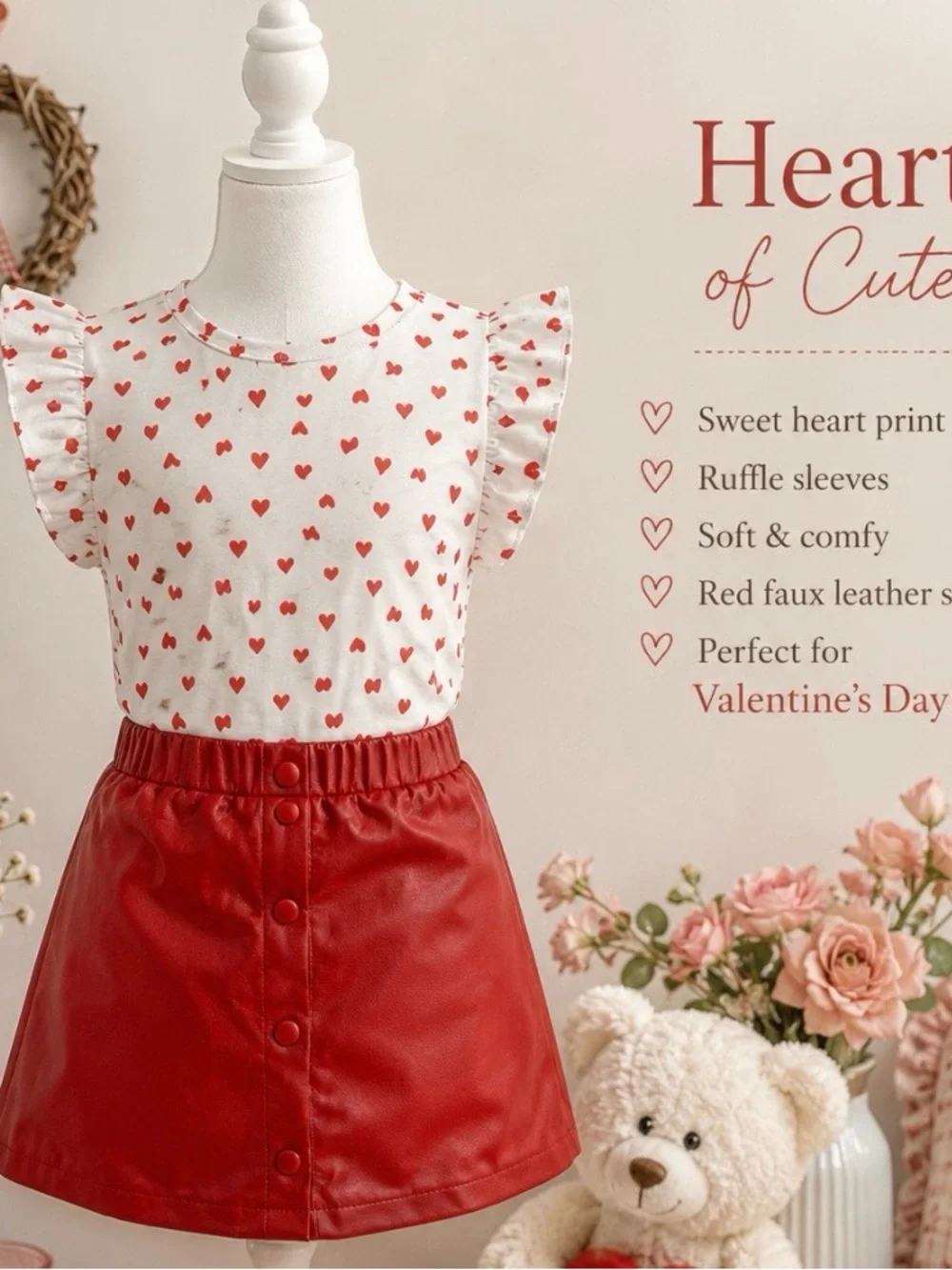 Kids Red Faux Leather Button-Front Skirt